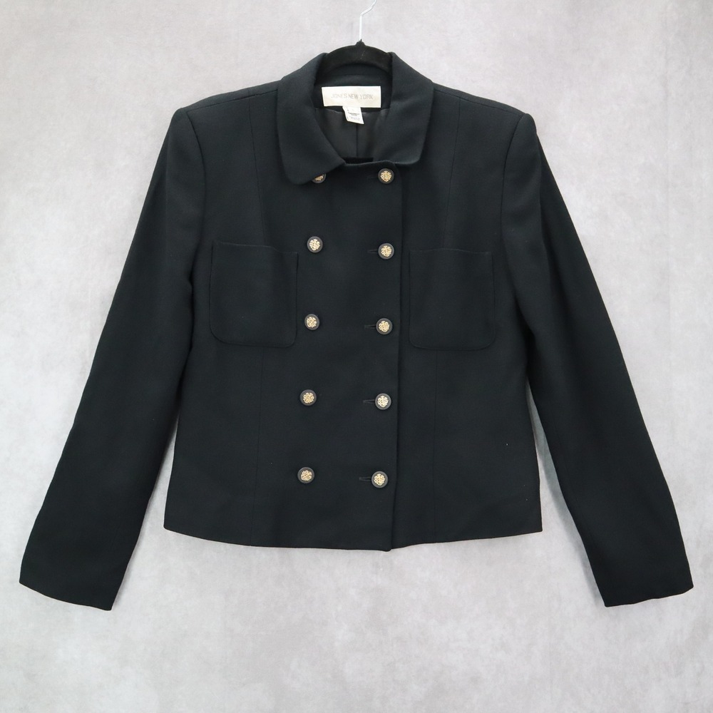Jones New York Black Double Breasted 100% Worsted Wool USA Coat Jacket Blazer 6